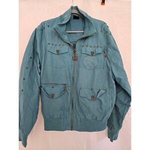 Men's Bomber Jacket‎ Distressed Embellished Embroidered Skull Emblem Blue